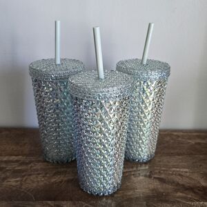 3 Mainstays Green Iridescent Sparkle Tumblers Cups With Straws